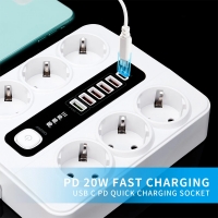 Универсален разклонител  с 6 гнезда,3.4А, 4 USB порта и 1 Type-C портала, 3000W ,